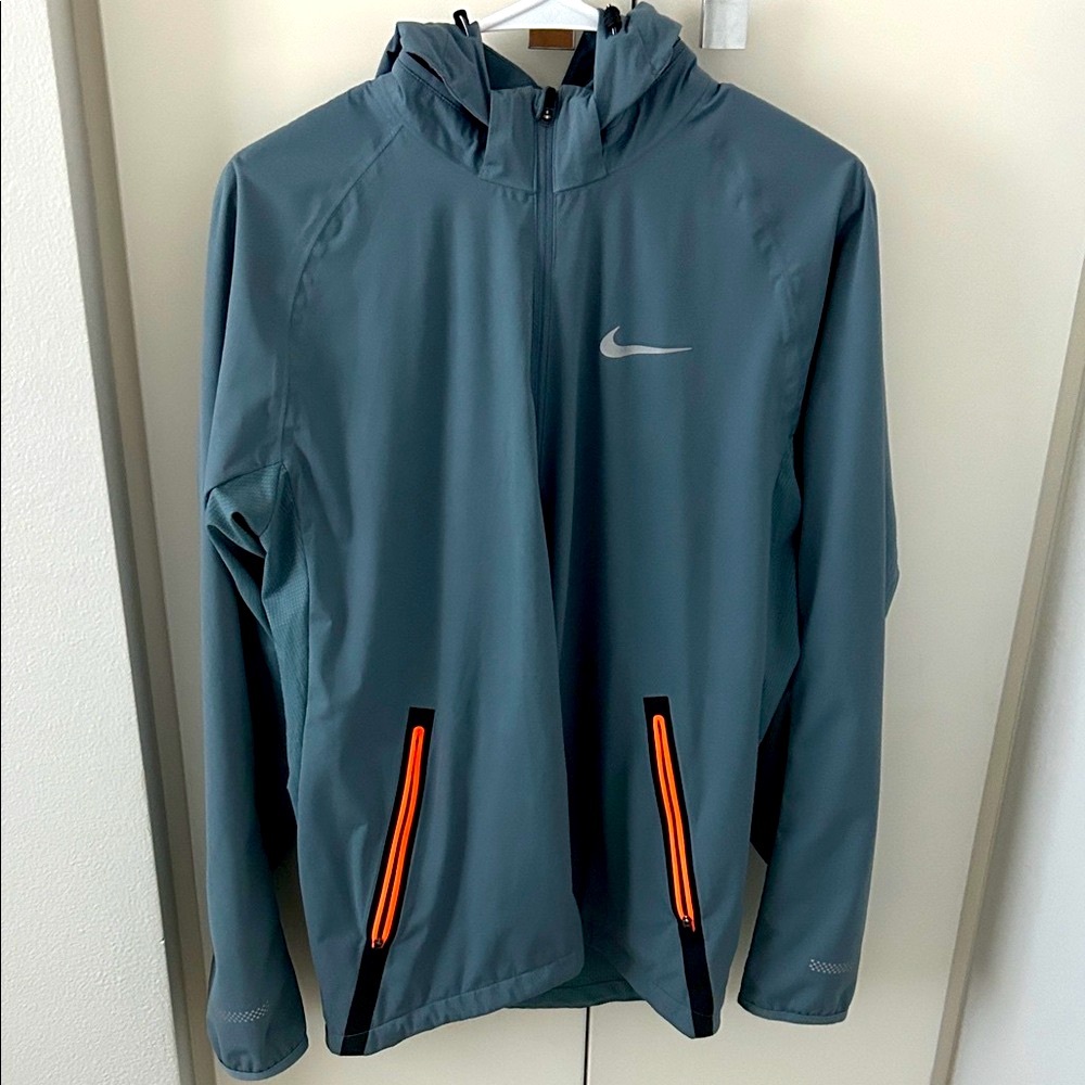 Nike Hooded Windbreaker Jacket - Light Blue with Orange Accents